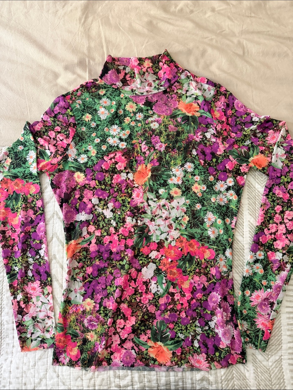 Semi-sheer AFRM Floral Long-Sleeve Mock Neck Top - Pink & Green
